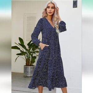 Gyrans Women's Boho Polka Dots V Neck Long Sleeve Midi Dress Size M